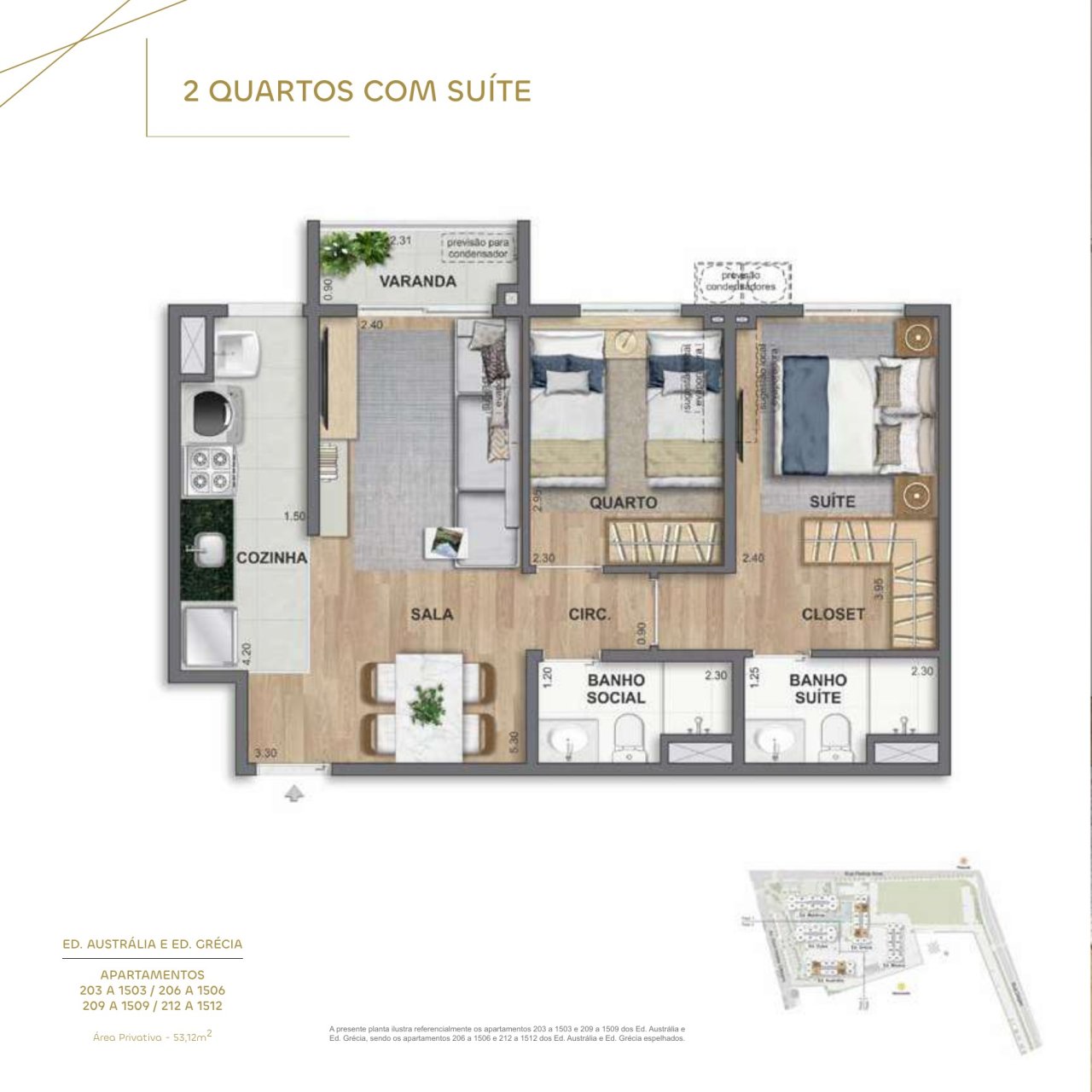 2 quartos com suíte · 53,12 m² · Ed. Austrália e Grécia