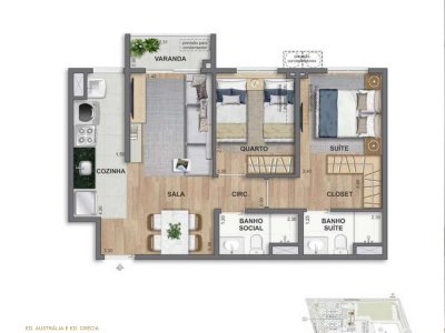 2 quartos com suíte · 53,12 m² · Ed. Austrália e Grécia