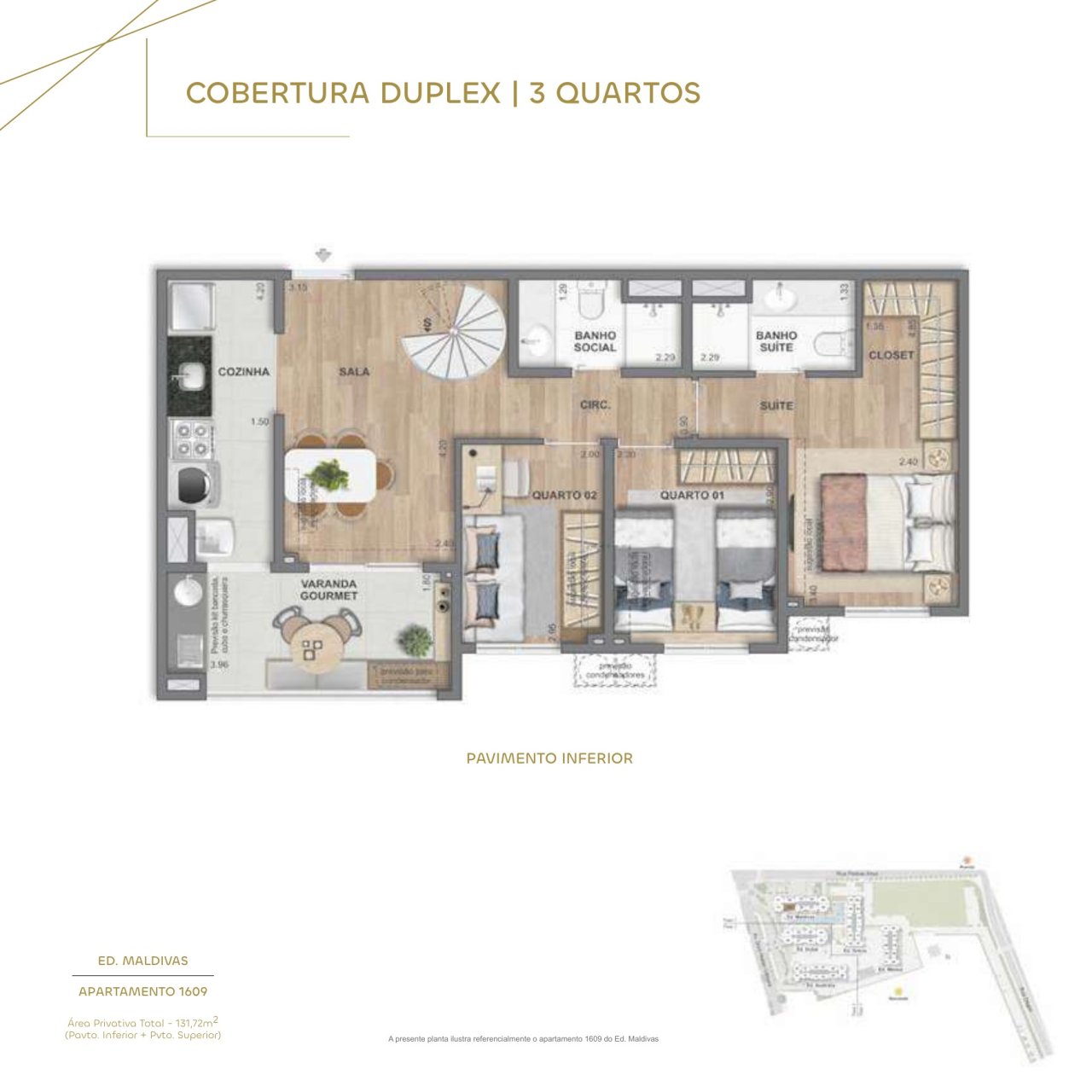 Cobertura duplex 3 quartos · 131,72 m² · Ed. Maldivas · pavimento inferior
