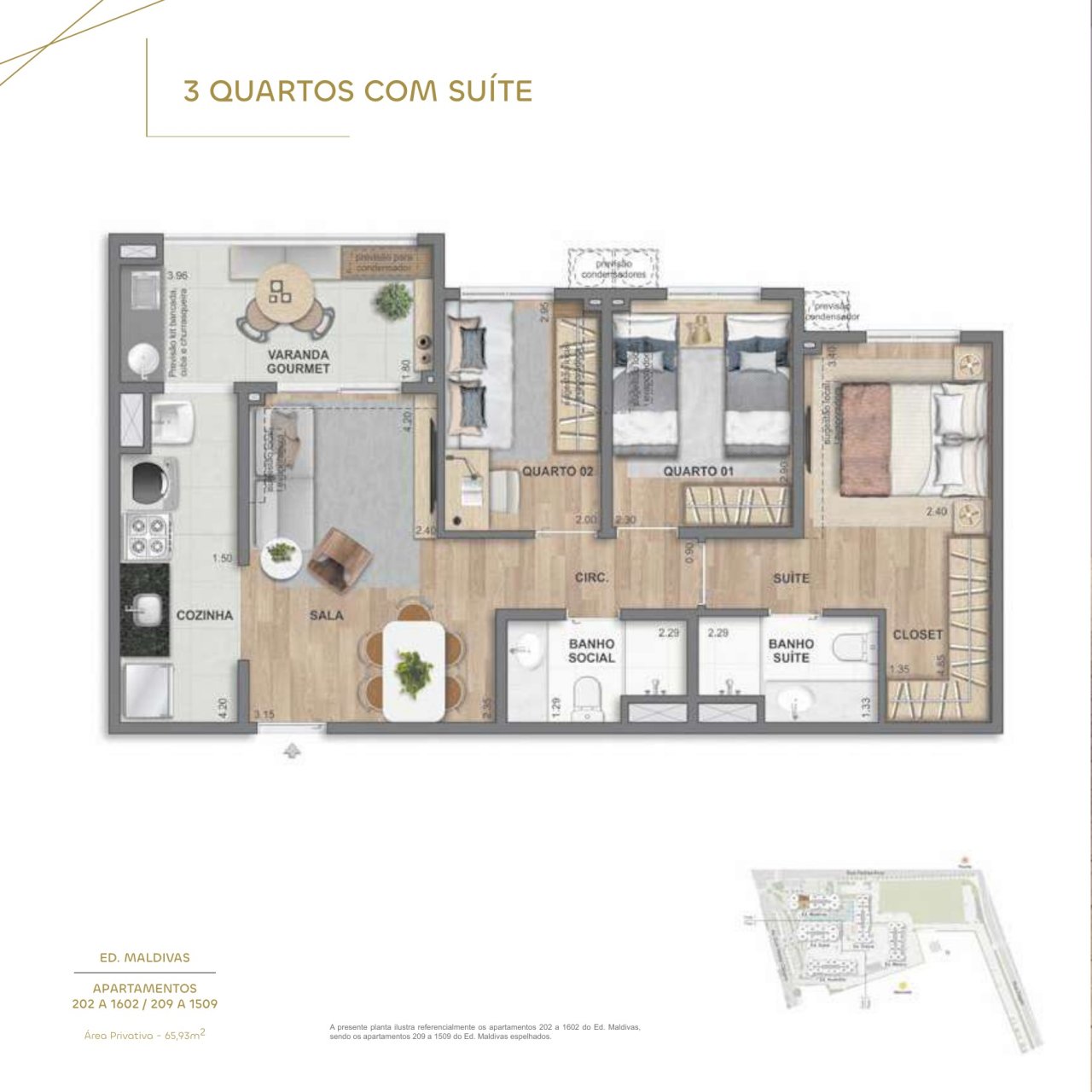 3 quartos com suíte · 65,93 m² · Ed. Maldivas