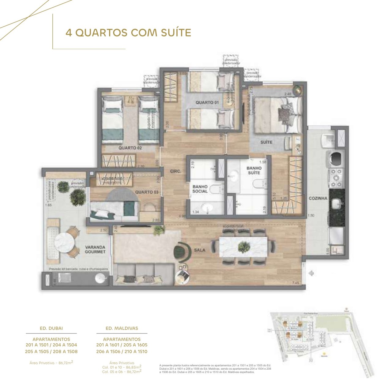 4 quartos com suíte · 86,72 m² · Ed. Dubai e Maldivas