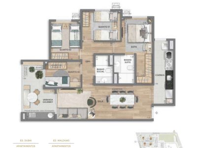 4 quartos com suíte · 86,72 m² · Ed. Dubai e Maldivas