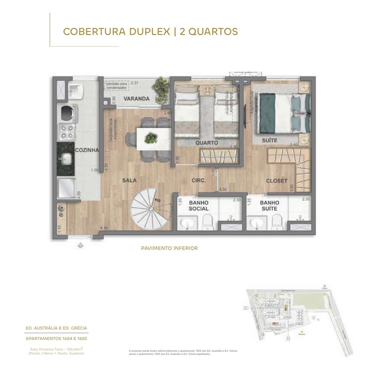 Cobertura duplex 2 quartos · 102,64 m² · pavimento inferior
