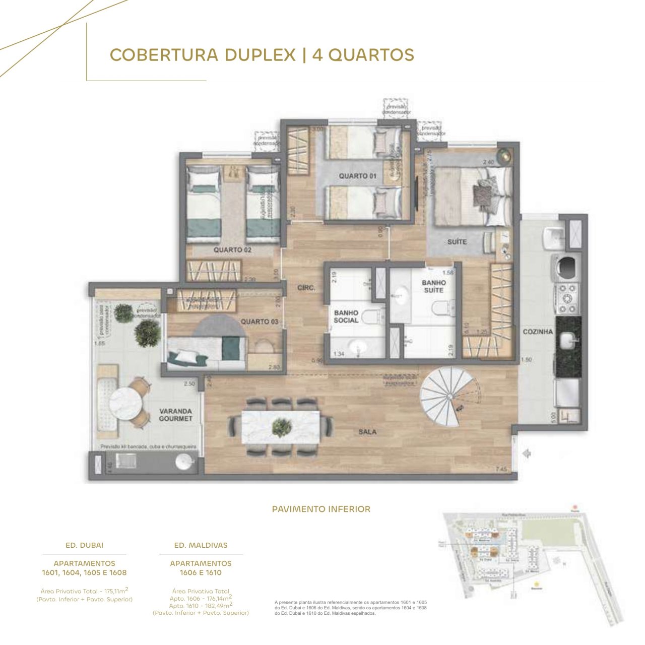 Cobertura duplex 4 quartos · 175,11 m² · Ed. Dubai e Maldivas · pavimento inferior