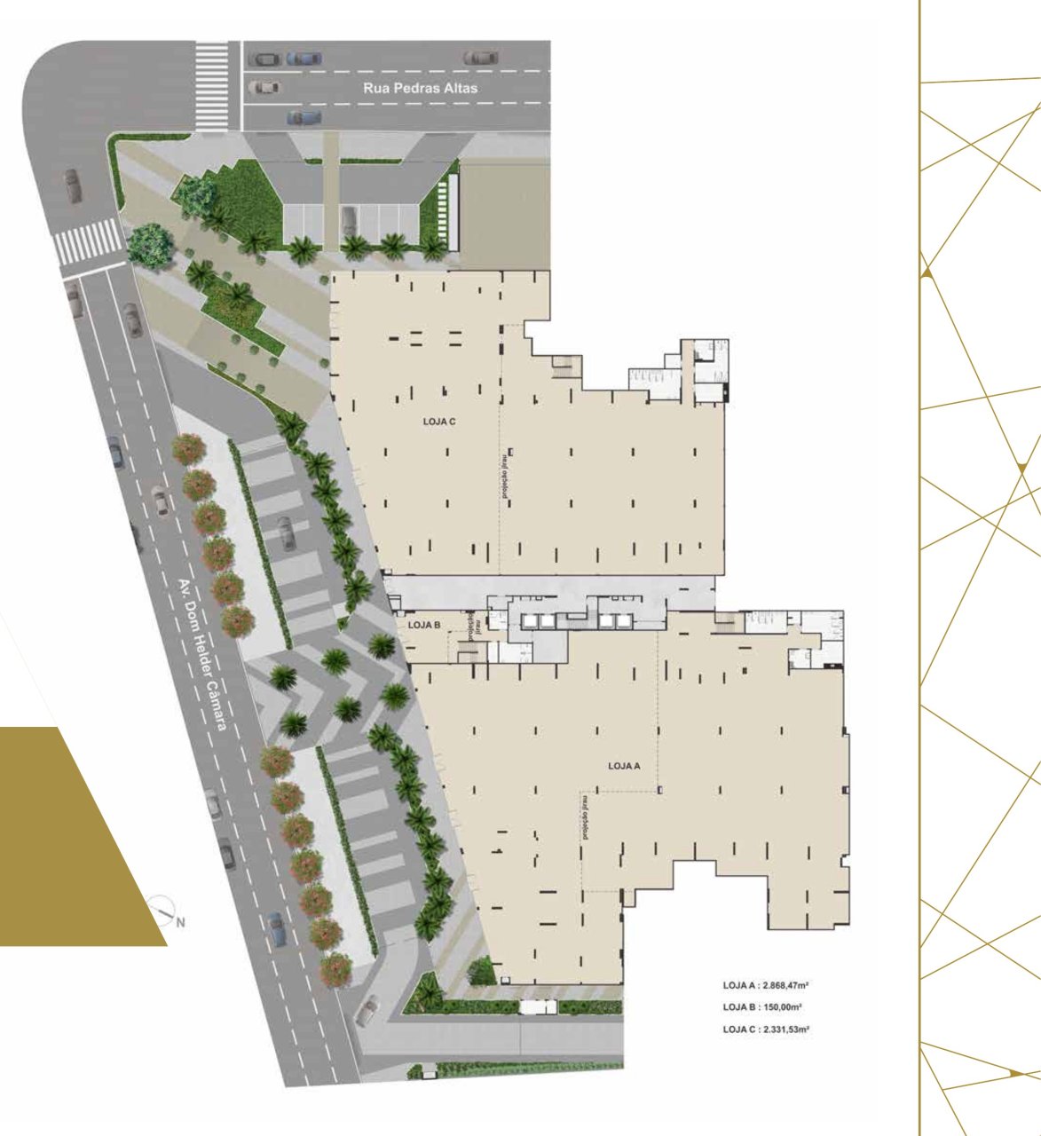 Implantação das lojas · Loja A 2.868 m², Loja B 150 m², Loja C 2.331 m²