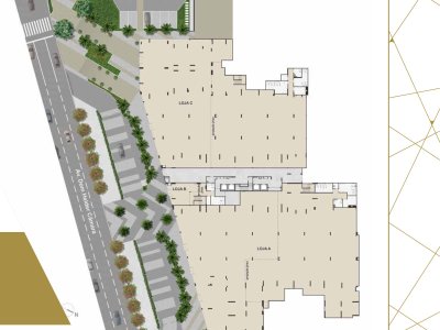 Implantação das lojas · Loja A 2.868 m², Loja B 150 m², Loja C 2.331 m²